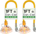 POWGRN 1 FT 2 Pack 12/3 Gauge Extension Cord with Multiple Outlets Outdoor, 3 Outlet Extension Cord Heavy Duty Yellow with Lighted, Tri-Tap Power Cable, 12AWG 15Amp 1875Watts 125Volts SJTW, ETL Listed