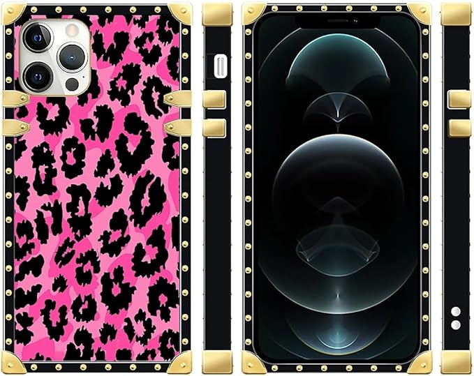 Compatible with iPhone 12 Pro Max Case, Pink Black Leopard Luxury Golden Decoration for Girl Women Soft TPU Shockproof Protective Hard PC Back for iPhone 12 Pro Max