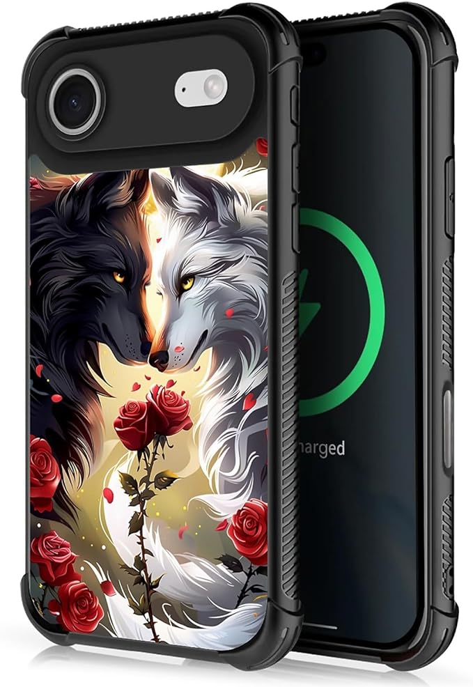 for iPhone 17 Air Case,for MagSafe Graphic Design for Girl Boy Soft Silicone Hard Acrylic Shock Protection Designed for iPhone 17 Air Black White Wolf Moon Flower Rose Pattern