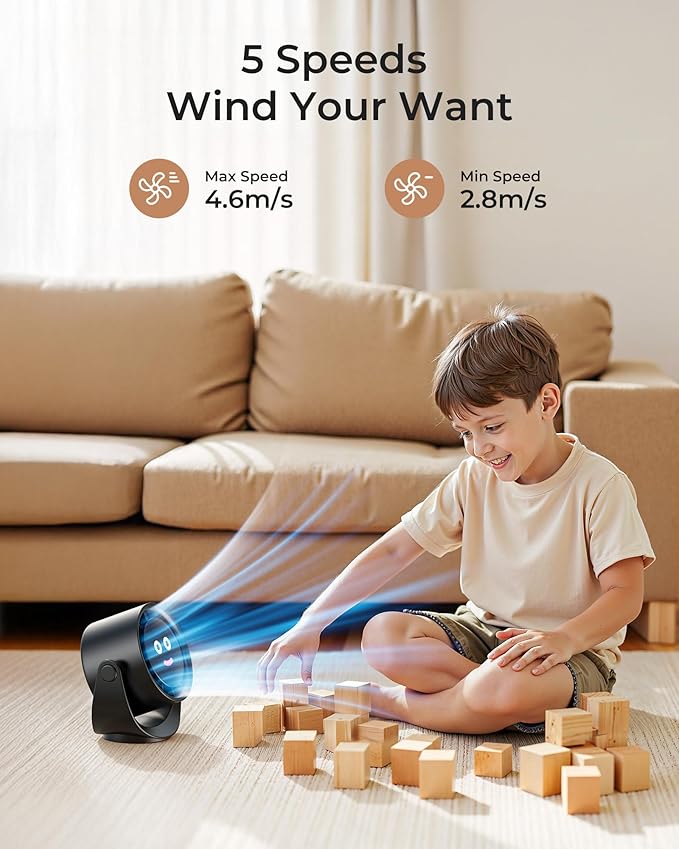 Koonie Desk Fan, LED Display Mini Table Fan, Rechargeable Personal Fan with 4000mAh Battery, Max. 17H Use, 5 Speeds, 360°Tilt, USB-C Charging, Quiet Small Portable Fan for Home, Office, Camp, Travel