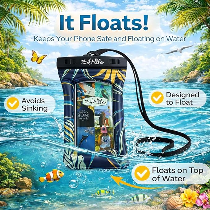 Salt Life Floating Waterproof Phone Case– IPX8 100% Waterproof Phone Case that Floats in Water, Universal Phone Dry Bag with Touchscreen Clear Window, Secure Seal Closure & Lanyard (Turquoise)