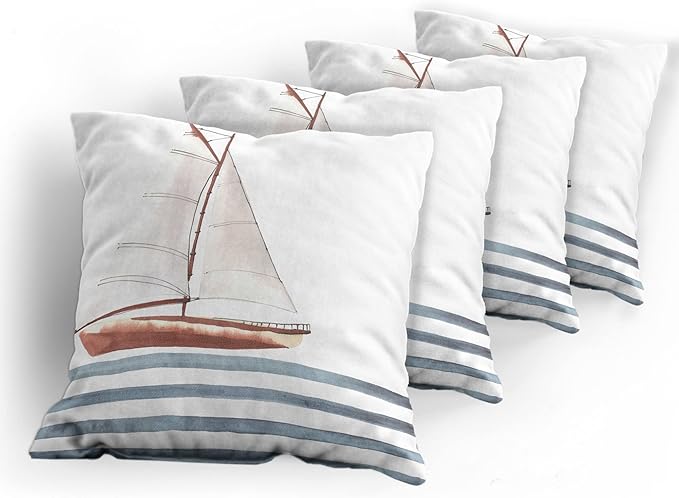 Ambesonne Nautical Throw Pillow Cushion Case Pack of 4, Let Your Dreams Sail Words with Boat in Waves Motivation Lifestyle Print, Modern Accent Double-Sided Digital Printing, 24", Cinnamon Blue