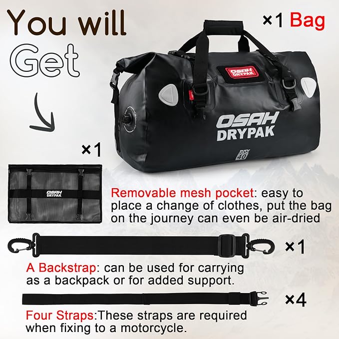 OSAH DRYPAK Waterproof Duffel Bag - Motorcycle Dry Bag Tail Bag with Large Storage Space, Waterproof Luggage Duffle Bags with Outer Mesh Zipper Pocket for Camping, Kayaking, Fishing & Traveling