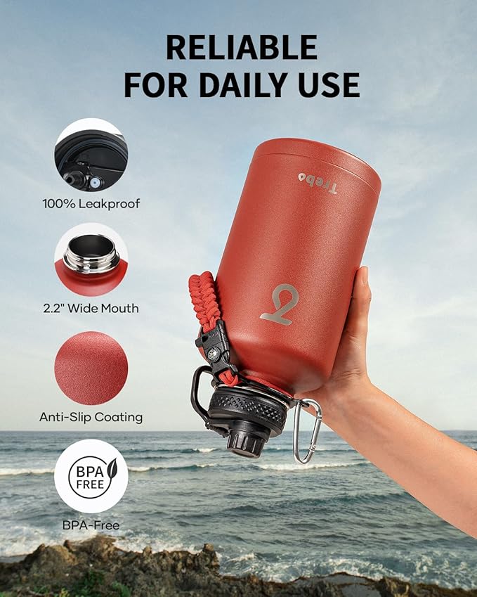 Trebo Water Bottle 64oz with Paracord Handle, Half Gallon Large Vacuum Triple Wall Stainless Steel Insulated Water Jug with Holder Strap Straw Spout Lids, Leakproof Keep Cold & Hot, Red
