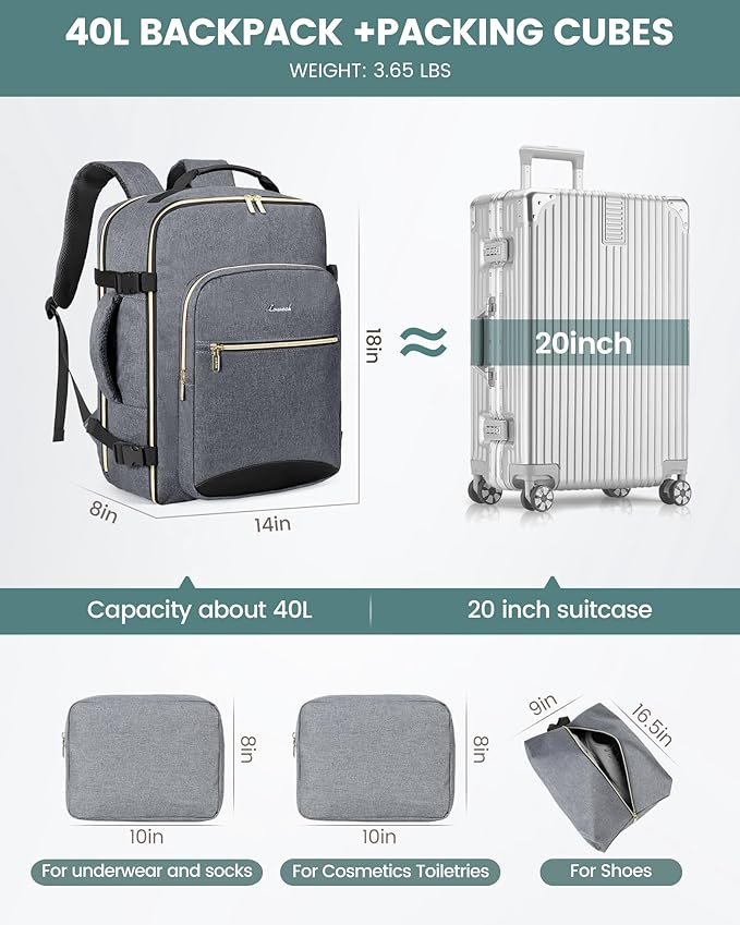 LOVEVOOK Travel Backpack for Women & Men 40L,Airline Approved Carry On Backpack Travel Essentials,TSA Carry on Luggage,Waterproof Personal Item Travel Bag,Suitcase with 3 Packing Cubes,Gray-Black