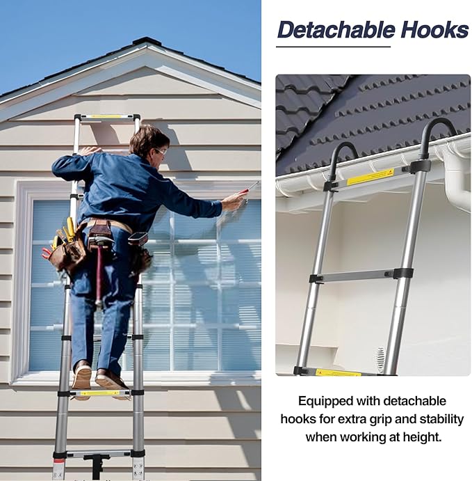 BOCOM 14.5 FT Aluminum Telescoping Ladder with Hooks, Lightweight Multi-Purpose Collapsible Extension with 2 Triangle Stabilizers, Heavy Duty 330 lbs Max Capacity for Home, RV, and Outdoor Work Silver