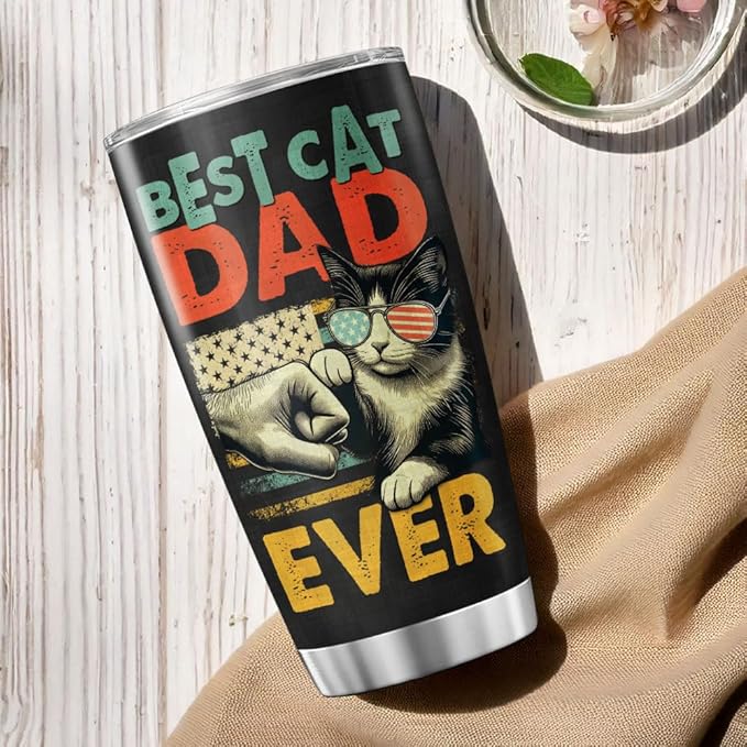 Best Cat Dad Ever 20oz Tumbler, Funny Fist Bump Design, Insulated Stainless Steel Travel Mug for Lovers, Ideal Birthday or Father's Day Gift