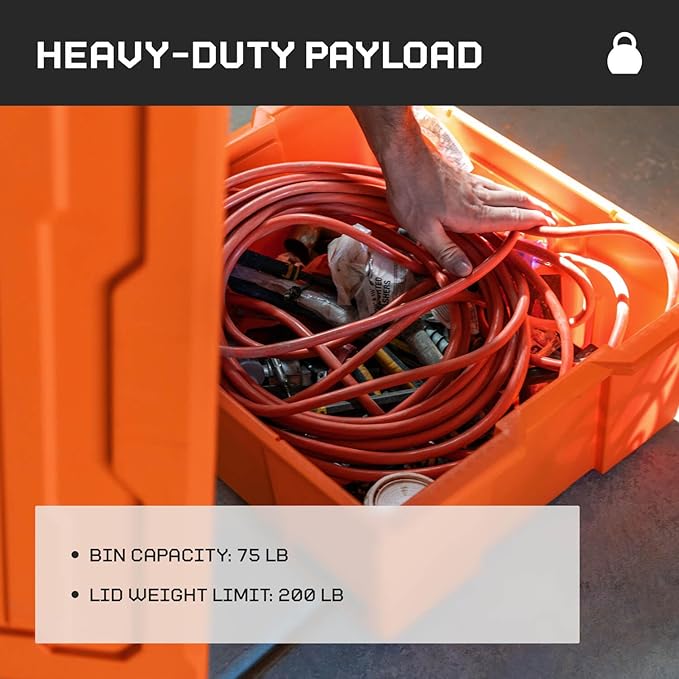 DECKED Payloader 32 L (1-Pack) - 75 lb Bin / 200 lb Lid Load Rated, Heavy-Duty Stackable Storage Bins, Fits Drawer System & Tool Box - Blaze Orange