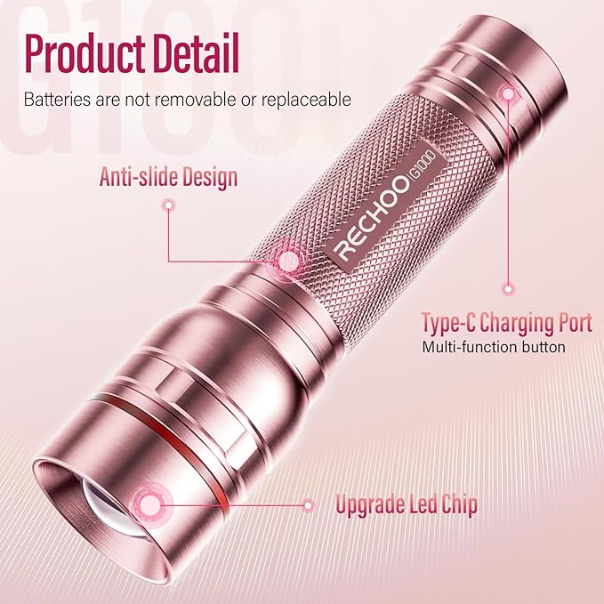 Flashlight Rechargeable High Lumens, G1000 Super Bright Flash Light Pink, Small Zoomable LED Flashlight with 3 Lighting Modes, Portable Tactical Flashlight for Camping Essentials, Gifts for Women