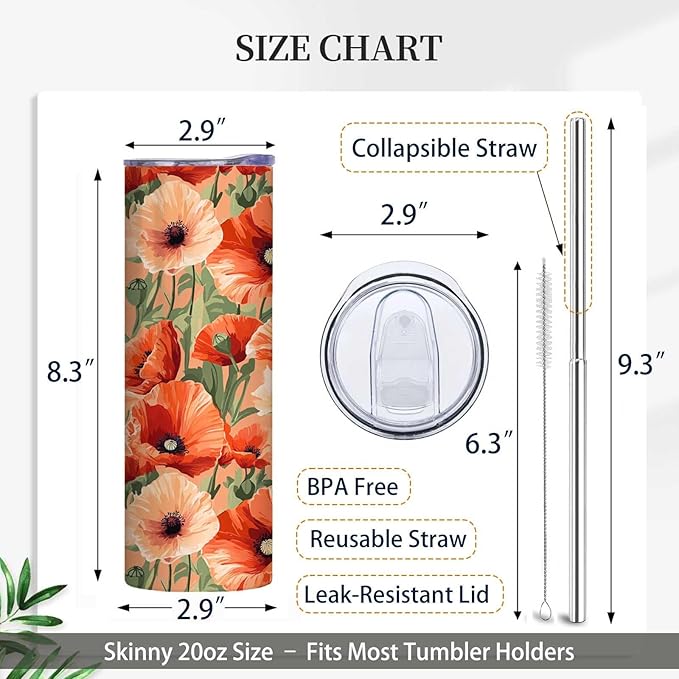 Firmiso 20 oz Tumbler | Skinny Insulated Travel Mug with Leak-proof Lid and Telescopic Straw | Poppy Floral Stainless Steel Coffee Cup for Hot & Cold Drinks | Christmas Gifts for Women and Men