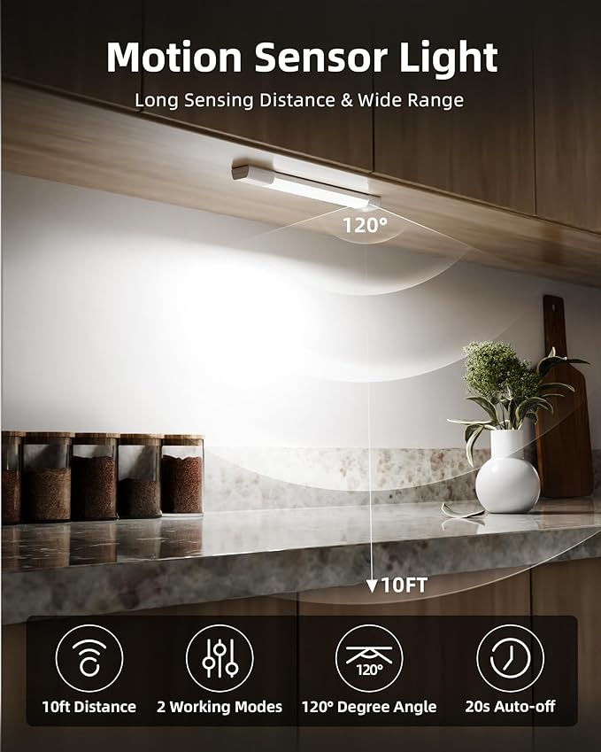 EZVALO 3 Pack 8” Motion Sensor Light Indoor, Wireless Under Cabinet Lighting, 30 LED Rechargeable Closet Lights, Dimmable, 3 Color Temperatures, Counter Lights for Wardrobe, Pantry, Bedroom, Kitchen