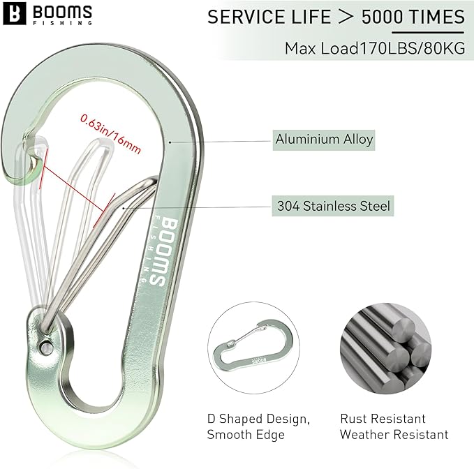 Booms Fishing CC5 Multi-Use Carabiner Clips, 10 Pack 2.7" Small Caribeener Clips, Mini Keychain Aluminum Caribeaner Clip