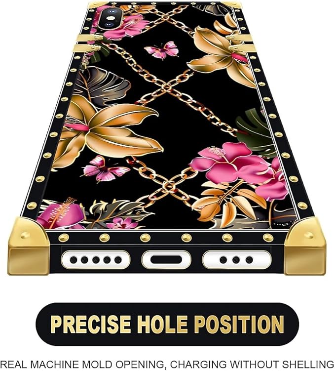 Compatible with iPhone Xs Max Case, Pink Golden Chain Tropical Flower Luxury Golden Decoration for Girl Women Soft TPU Shockproof Protective Hard PC Back for iPhone Xs Max