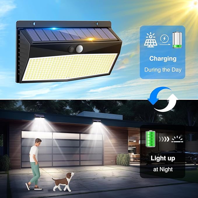 7 Pack 368 LED Solar Lights Outdoor Motion Sensor, Solar Fence Light with 3 Lighting Modes, Solar Powered Security Lights Waterproof for Outside Yard Wall Garden Backyard