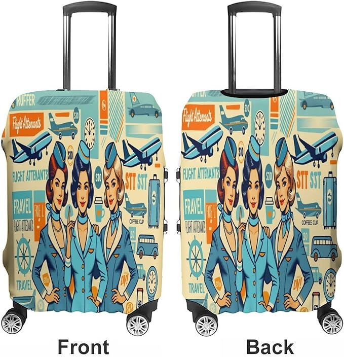 Flight Attendants Travel Vintage Style Retro Stretch Luggage Cover, Washable Suitcase Protector Fits 30-32in Cases, Secure Fit for Carry On Checked Bags, Travel Essentials