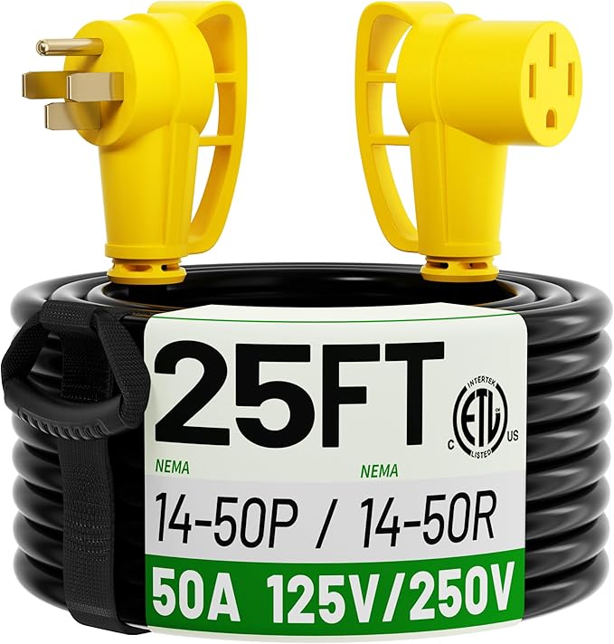 POWGRN NEMA 14-50P to NEMA 14-50R 25FT 50 Amp RV/EV Extension Cord Outdoor with Grip Handle, Flexible 4 Prong Heavy Duty RV Power Cord Waterproof, 50A 125/250V 6250/12500W STW, ETL Listed