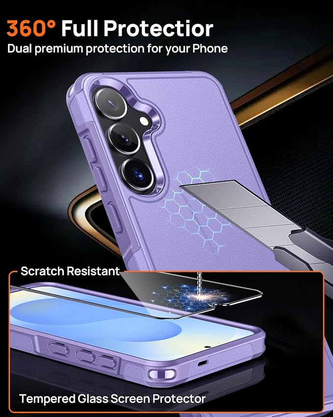 Lanhiem for Samsung Galaxy S25 S24 Phone Case with Tempered Glass Screen Protector, Shock Absorption, Anti-Scratch Shockproof Case Cover for Samsung S25 S24, Purple