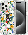 MOSNOVO Case for iPhone 15 Pro Max, [Buffertech 6.6ft Military-Grade Drop Protection] [Anti Peel Off Tech] Clear TPU Bumper Phone Case Cover Design - Black Cat in Garden