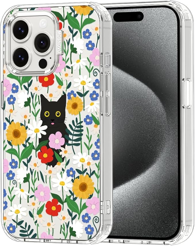 MOSNOVO Case for iPhone 15 Pro Max, [Buffertech 6.6ft Military-Grade Drop Protection] [Anti Peel Off Tech] Clear TPU Bumper Phone Case Cover Design - Black Cat in Garden