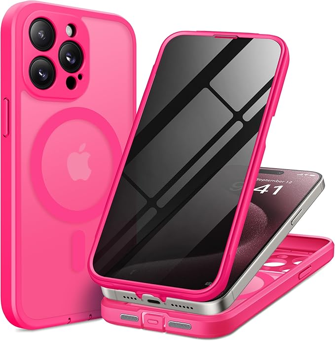 TIESZEN for iPhone 15 Pro Case, Compatible with MagSafe, Built-in Privacy Screen Protector and Camera Protection, Anti Spy Full Body Dustproof Shockproof Hard Phone Case 6.1", Hot Pink