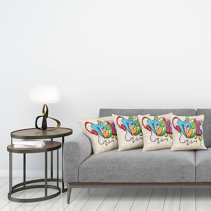 Ambesonne Music Throw Pillow Cushion Case Pack of 4, Illustration of Graffiti Style Lettering Headphones Hip Hop Theme on Beige Bricks, Modern Accent Double-Sided Digital Printing, 16", Tan Green