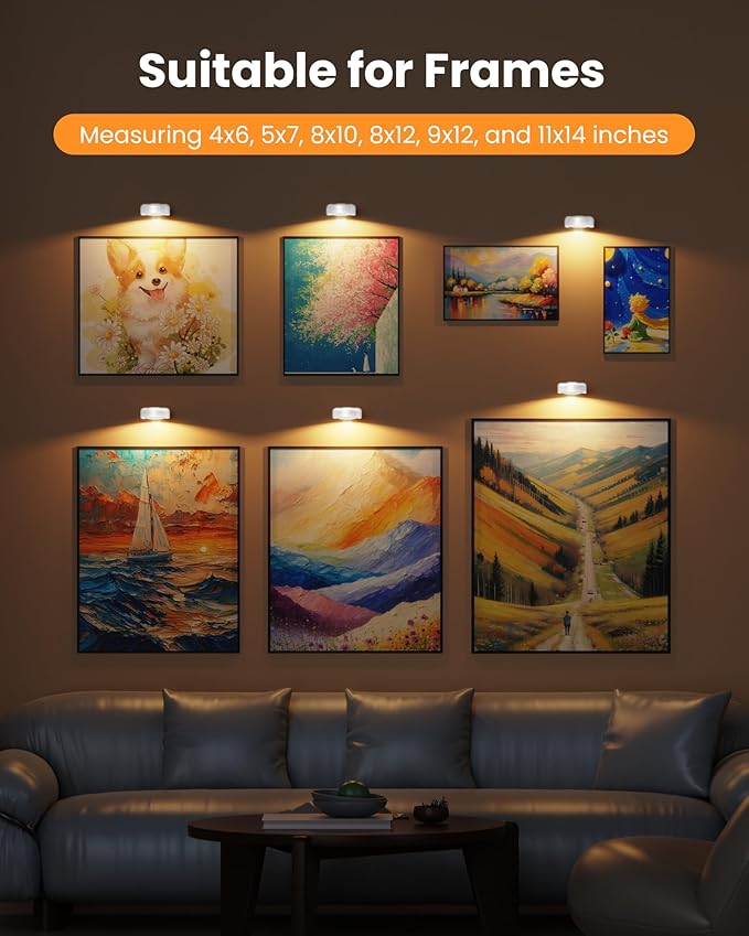 Picture Lights for Wall,Wireless 2000mAh Rechargeable Magnetic LED Puck Lights with Remote,3 Color Temps and 12 RGB,Dimming & Timer,Art Frame Light for Painting Display,Photos,Wall Decor(3 Pack)
