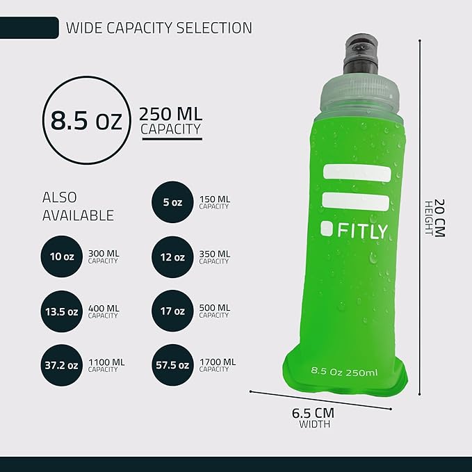 FITLY Soft Flask - Shrink As You Drink Soft Water Bottle for Hydration Pack - Folding Water Bottle Ideal for Running, Hiking, Cycling, Climbing & Rigorous Activity