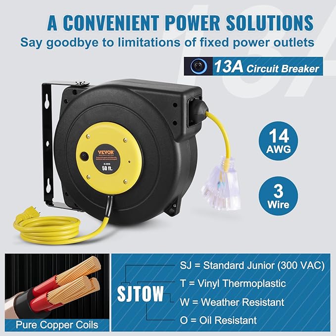 VEVOR Retractable Extension Cord Reel, 50 FT, Heavy Duty 14AWG/3C SJTOW Extension Power Cord with Lighted Triple Tap Outlet, 13A Circuit Breaker 180° Swivel Bracket for Ceiling or Wall Mount, Yellow