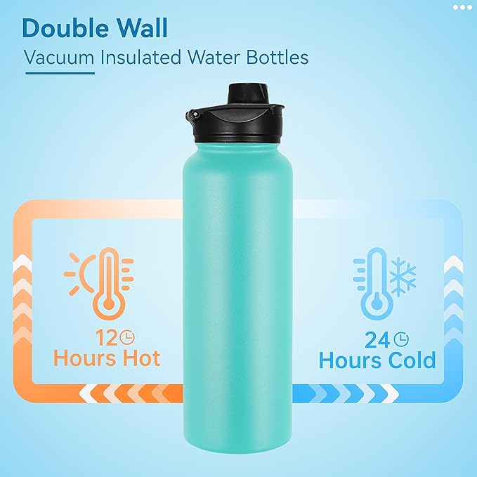 VEGOND 40 oz Insulated Water Bottle Stainless Steel Metal Water Bottles with Leak Proof Straw Lid & Spout Lid, Wide Mouth Double Walled Vacuum Travel Sports Bottle, Mint Green