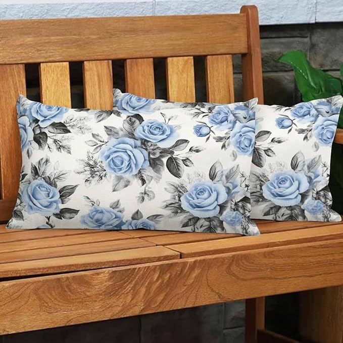 EKOBLA Farmhouse Throw Pillow Covers Blue Flowers Leaves Watercolor Floral Pattern Ink Painting Home Decorative Waist Lumber Cotton Linen Pillowcases Oblong Rectangle 12x20 Inches