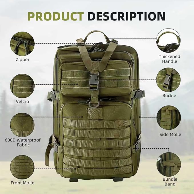 aiGear 45L Tactical Backpack for Men, All-Weather Military Assault Rucksack,3-Day Combat Pack with Molle System (45L Green)