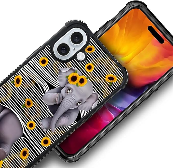 for iPhone 16 Case, Cute Little Elephant Sunflower White Line Art Pattern Graphic Design Girl Boy Soft Silicone Hard Acrylic Shock Protection for iPhone 16