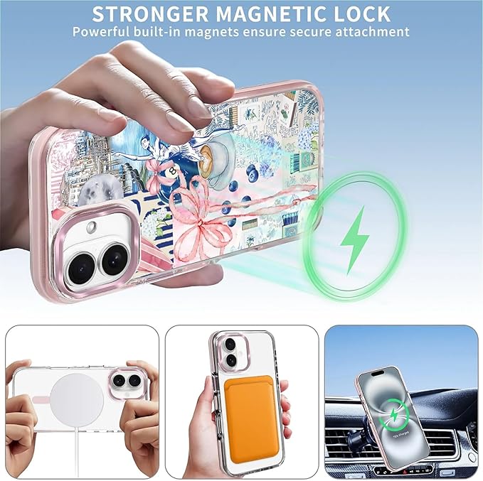 Case for iPhone 16 Plus,[Compatible with MagSafe],Pink Bow Girly Coquette Collage Phone Case Design，for Women Girls Magnetic Clear Cover - Slim, Sleek, & Shockproof Protection