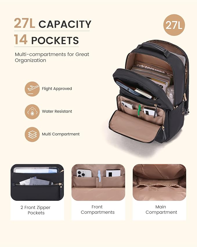 LOVEVOOK Laptop Backpack for Women with Leather Trim & Tumbler Pockets, 15.6" Work Backpack Purse, Travel Personal Item Bag, Carry On Business Computer Bag for Office, School, or Gift, Black