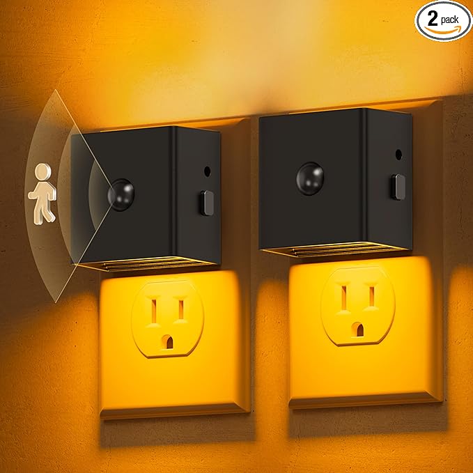 L LOHAS LED Motion Sensor Night Light, [2-Pack] Motion Activated Night Light, Motion Sensor and Dusk to Dawn Sensor, Brightness Adjustable,Amber Nightlight for Bathroom Hallway Kitchen
