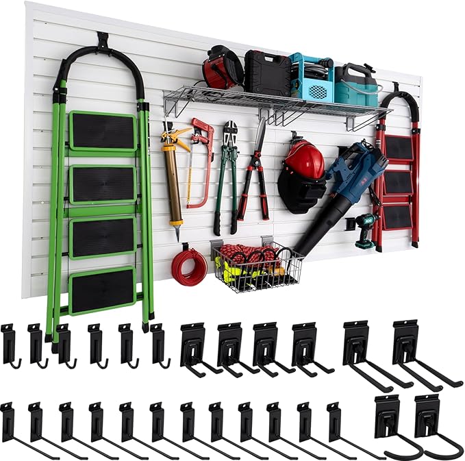 FRAYSCENT Slat Wall Paneling Garage Slat Wall Storage Systems Slatwall Panels Power Tool Organizer Wall Mount, PVC Garage Storage & Organization Products Slate Board (White, 4ft x 8ft with 26 Hooks)