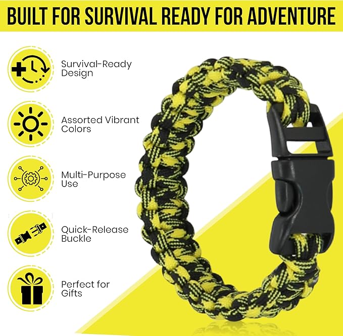 Iconikal 12-Pack Paracord Survival Bracelets Quick-Release Clip Assorted Colors 2 Sizes Medium Large Adjustable Camping Hiking Emergency Gear