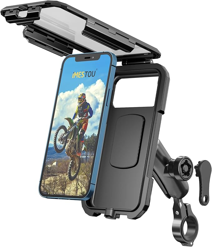 iMESTOU Anti-Theft Waterproof Motorcycle Phone Mount Bike Mobile Holder Double Socket Arms Aluminium Base Fit to Handlebar/Rear-View Mirror Pole for 3.5"-6.1" Cellphones (S)