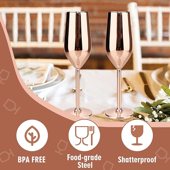 TJ Unbreakable 8 Oz Stainless Steel Champagne Flutes (2 Pack)- Rose Champagne Glasses - Reusable Indoor Outdoor Drinkware - Keeps Drink Cool for Longer - Gift Idea
