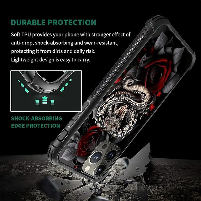 for iPhone 16 Pro Max Case, Entwined Rose Snake Pattern Graphic Design Girl Boy Soft Silicone Hard Acrylic Shock Protection for iPhone 16 Pro Max