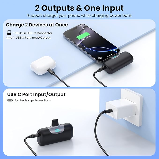 [2 Packs]Mini Portable Charger for iPhone 17/16,5500mAh LCD Display USB C Power Bank,Fast Phone Charging Travel Pocket Size Battery Pack for iPhone 17/17 Pro Max/Air/16/15 Series,Android(Black+Black)