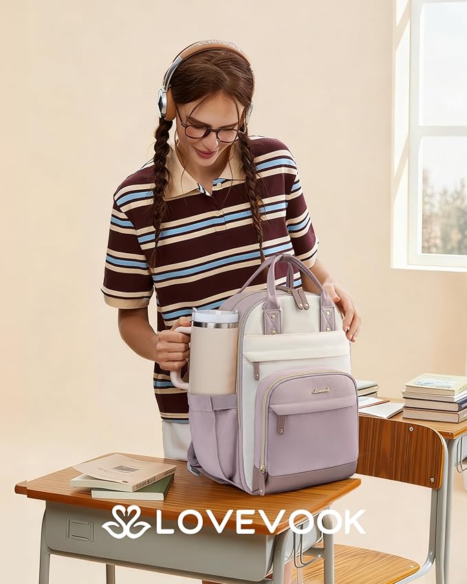 LOVEVOOK Laptop Backpack Women with Giant Tumbler Holder Pocket,17.3 inch School College Book Bag Nurse Teacher Backpack,Work Travel Backpack Laptop Computer Bag,Light purple-Off-white-Pinkish purple