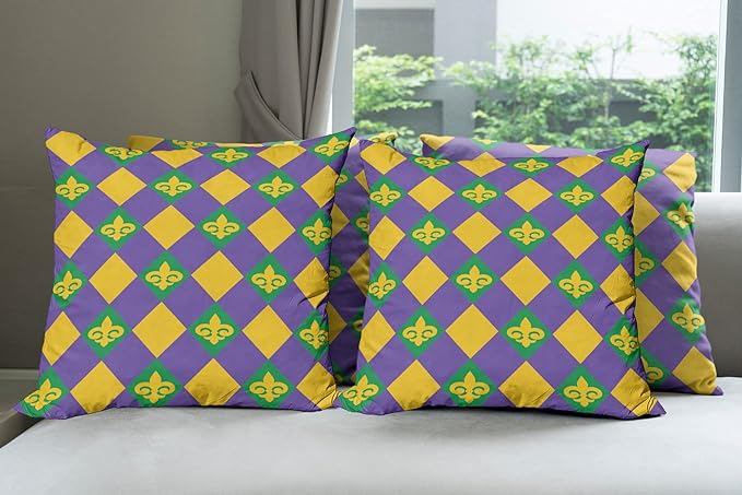 Ambesonne New Orleans Throw Pillow Cushion Case Pack of 4, Mardi Gras Themed Rhombuses with Fleur De Lis Motifs Classic Geometry, Modern Accent Double-Sided Digital Printing, 24", Violet Yellow