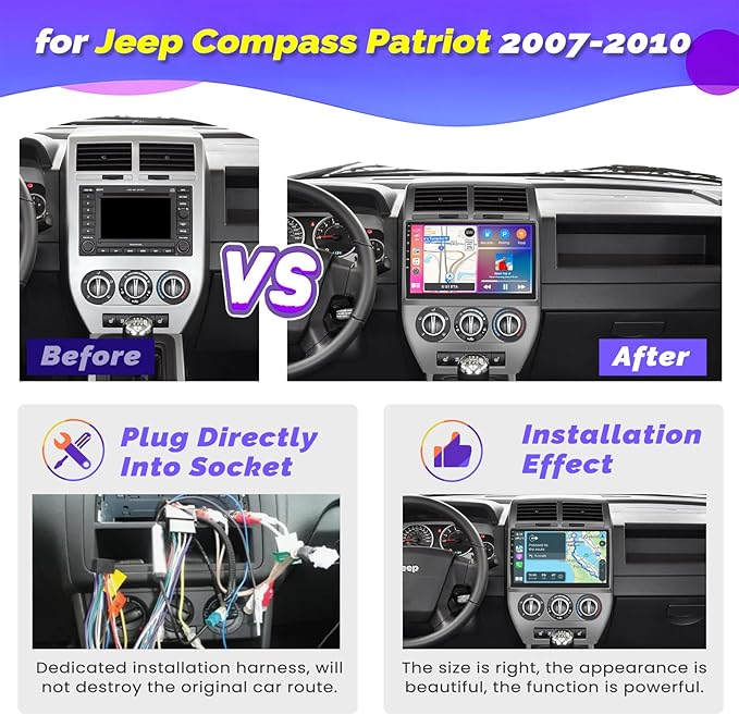 [4Core 64G] Android 15 Car Stereo for Jeep Compass Patriot 2007-2010, Hikity 9 Inch Touchscreen Compass Patriot Radio Wireless Carplay Android Auto GPS WiFi BT/EQ/FM/RDS Mirror Link SWC Backup Cam