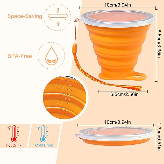 4-Pack Collapsible Silicone Cups with Lids, 9.22oz Portable Travel Drinking Cup with Stainless Steel Rim, 0.59" Thin Foldable Design for Theme Parks, Hiking, and Daily Use
