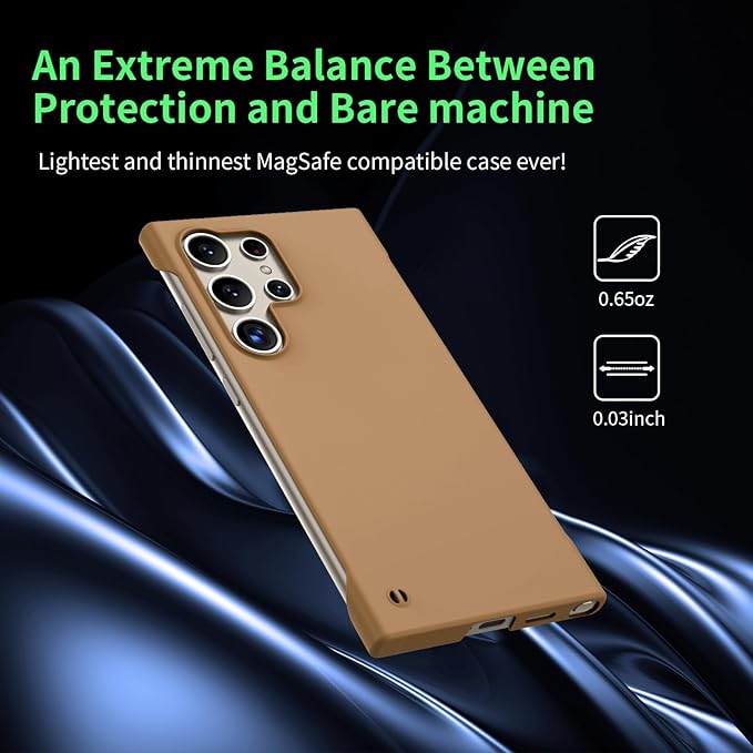 GRECAZO Slim Borderless for Samsung Galaxy S24 Ultra Phone Case 6.8"(2024) Ultra-Thin Lightweight Frameless Matte Hard PC Cover Case with Pull Ring Minimalist Non Slip Rope-Mocha