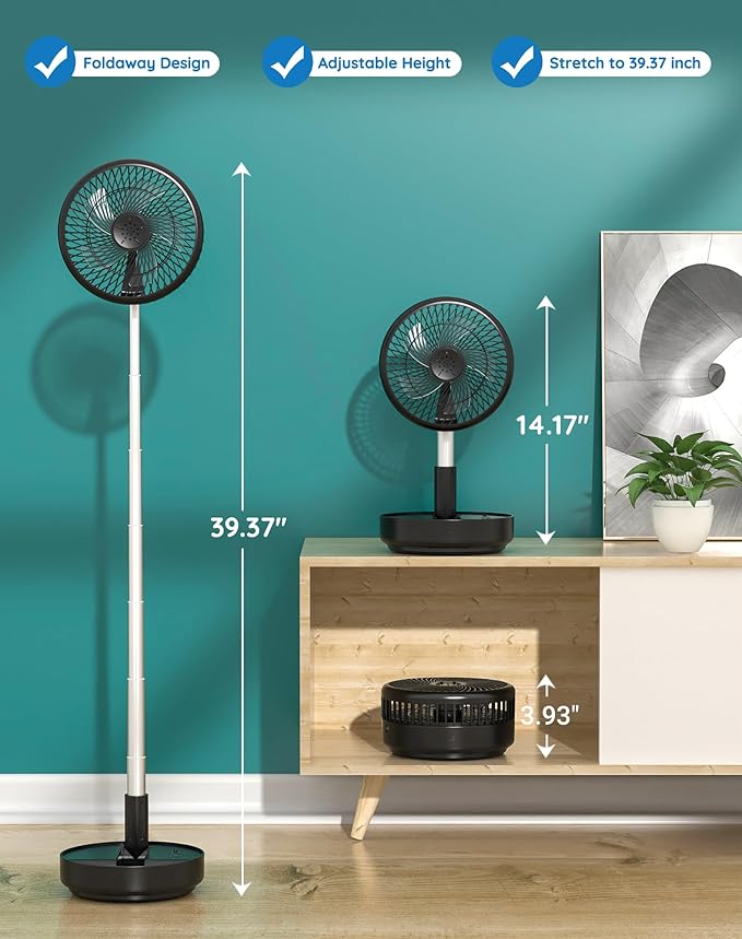Primevolve Portable Oscillating Standing Fan,Rechargeable Battery Operated USB Floor Table Desk Fan with Remote, Bedroom Camping Travel Fans Black 7.7"