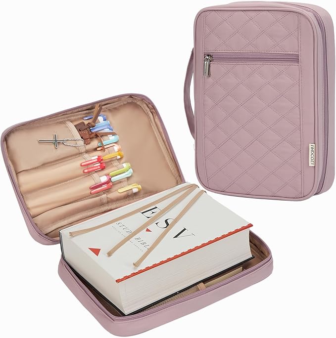 FINDCOZY Bible Cover for Women, Durable Carrying Book Case Church Bag for Biblical Accessories with Handle and Zippered Pocket, for Scriptures, Peach Pink