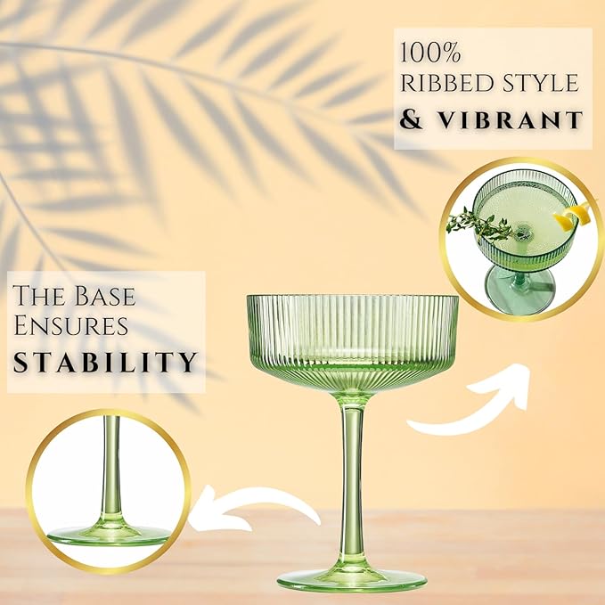 Khen Shatterproof Acrylic Ribbed Vintage Art Deco Martini, Champagne & Cocktail Spring & Summer Bright Pastel Colors Plastic Coupe Glasses | 5 Set | 8oz Ripple Classic Indoor & Outdoor, European Style
