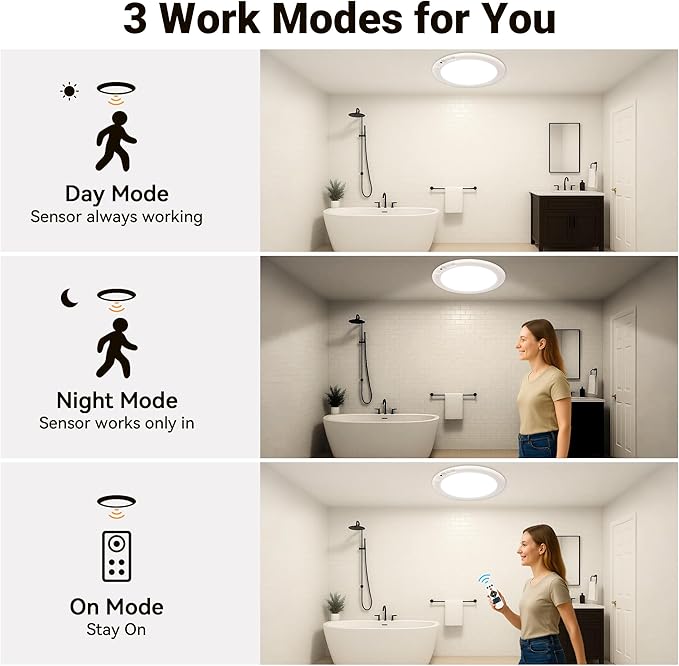 Rechargeable Ceiling Light, No Wiring Battery Operated Ceiling Lights with Remote, Motion Sensor Dimmable Timing Motion Activated Overhead Shower Light for Bathroom Pantry Hallway Porch (8)